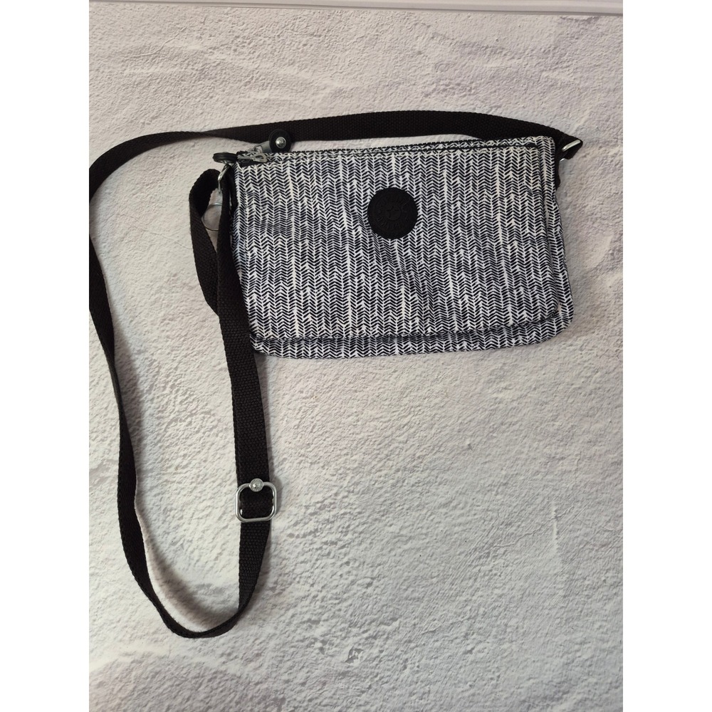 Kipling Black White Chevron Herringbone Nylon Double Zip Crossbody Bag Purse